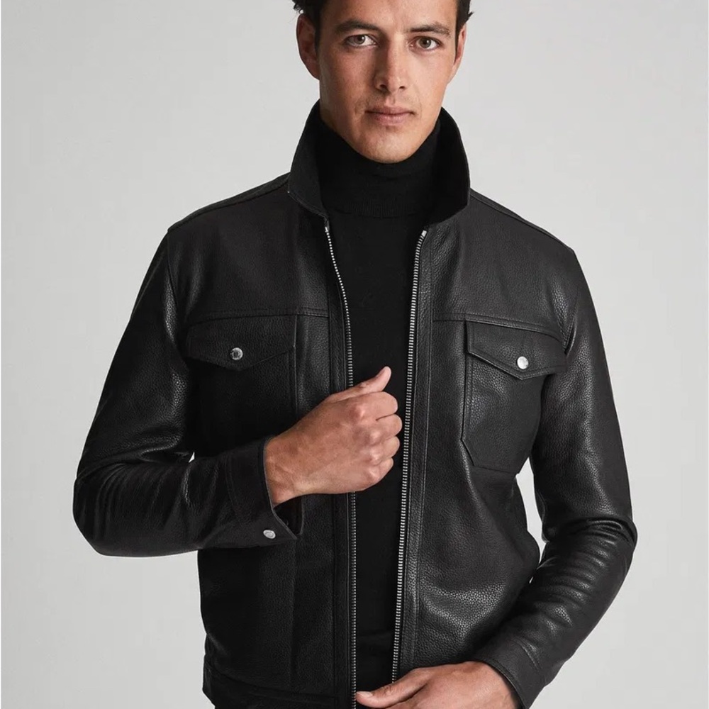 Reiss Black Leather Bomber Jacket